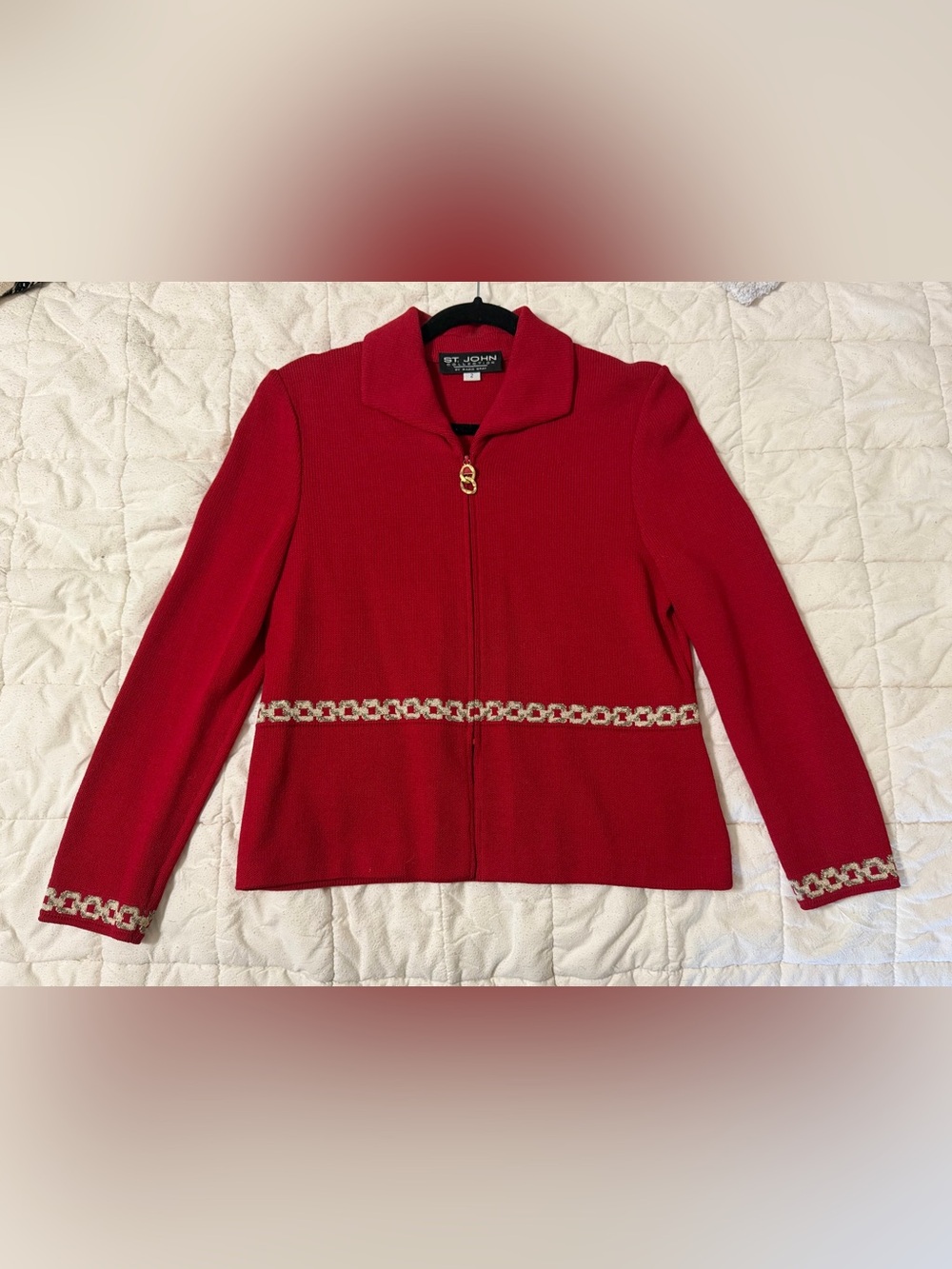 St. John Collection Marie Gray Red Santana Knit Gold Chain Jacket Size 2